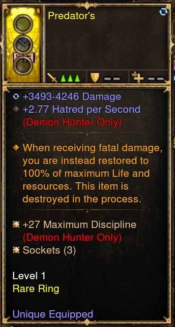 Level 1 Diablo 3 Immortal Modded Ring +27 Max Discipline, +2.77 Hatred Regen (Unsocketed) Predators - Diablo 3 Mods Store - Seasonal and non-seasonal - Modded Items and Gear for PlayStation 4, PlayStation 5, Nintendo Switch, and Xbox One