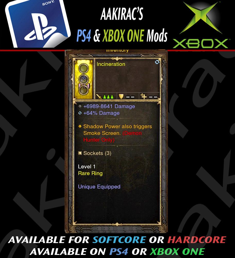 Shadow Power Triggers Smoke Screen Demon Hunter Modded Ring (Unsocketed) Incineration Diablo 3 Mods ROS Seasonal and Non Seasonal Save Mod - Modded Items and Gear - Hacks - Cheats - Trainers for Playstation 4 - Playstation 5 - Nintendo Switch - Xbox One