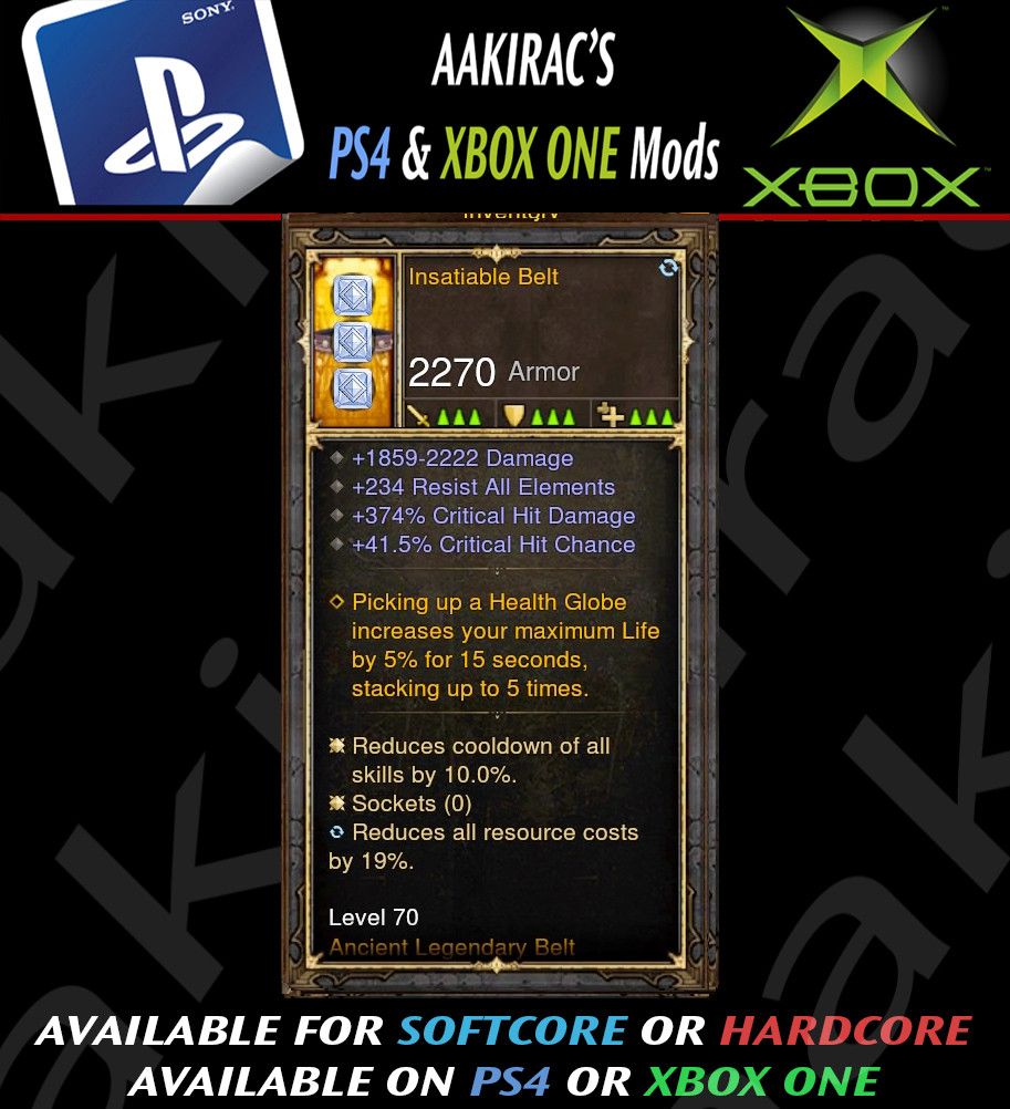 Insatiable Belt 374% CHD / 41% CC Modded Diablo 3 Mods ROS Seasonal and Non Seasonal Save Mod - Modded Items and Gear - Hacks - Cheats - Trainers for Playstation 4 - Playstation 5 - Nintendo Switch - Xbox One