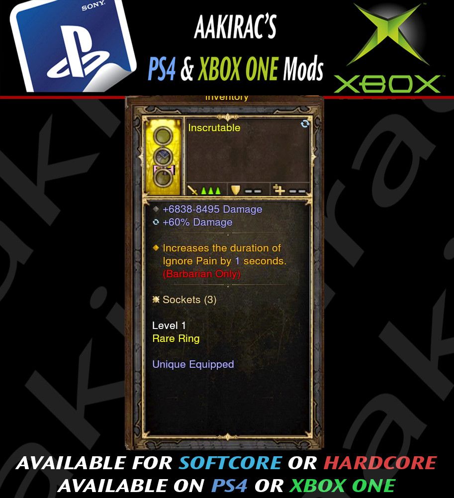 Increase Duration of Ignore Pain Barbarian Modded Ring (Unsocketed) Inscrutable Diablo 3 Mods ROS Seasonal and Non Seasonal Save Mod - Modded Items and Gear - Hacks - Cheats - Trainers for Playstation 4 - Playstation 5 - Nintendo Switch - Xbox One