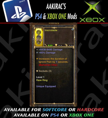 Increase Duration of Ignore Pain Barbarian Modded Ring (Unsocketed) Inscrutable-Diablo 3 Mods - Playstation 4, Xbox One, Nintendo Switch