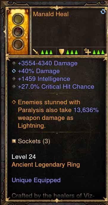 2.4.3 Manald Heal Wizard Ring 40% Damage, 1459 int, 27% cc (Unsocketed) Diablo 3 Mods ROS Seasonal and Non Seasonal Save Mod - Modded Items and Gear - Hacks - Cheats - Trainers for Playstation 4 - Playstation 5 - Nintendo Switch - Xbox One