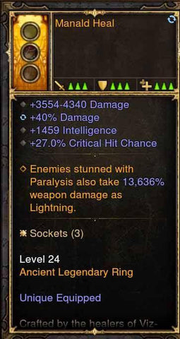 2.4.3 Manald Heal Wizard Ring 40% Damage, 1459 int, 27% cc (Unsocketed)-Diablo 3 Mods - Playstation 4, Xbox One, Nintendo Switch