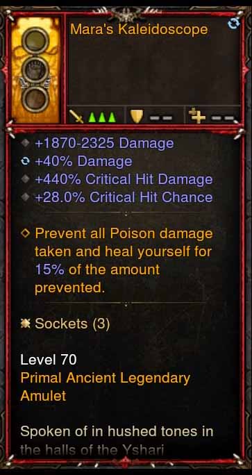 [Primal Ancient] [QUAD DPS] Mara's Kaleidoscope Amulet 40% Damage, 440% CHD, 28% CC Diablo 3 Mods ROS Seasonal and Non Seasonal Save Mod - Modded Items and Gear - Hacks - Cheats - Trainers for Playstation 4 - Playstation 5 - Nintendo Switch - Xbox One