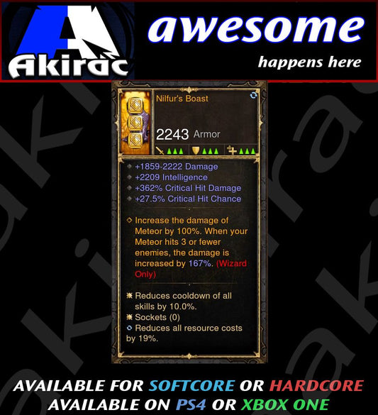 Nilfur's Boast Wizard 362% CHD / 27% CC Modded Boots Diablo 3 Mods ROS Seasonal and Non Seasonal Save Mod - Modded Items and Gear - Hacks - Cheats - Trainers for Playstation 4 - Playstation 5 - Nintendo Switch - Xbox One