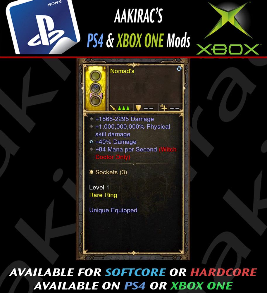 1000000000% Damage Modded Ring with 84 Mana Per Second Nomad's Diablo 3 Mods ROS Seasonal and Non Seasonal Save Mod - Modded Items and Gear - Hacks - Cheats - Trainers for Playstation 4 - Playstation 5 - Nintendo Switch - Xbox One