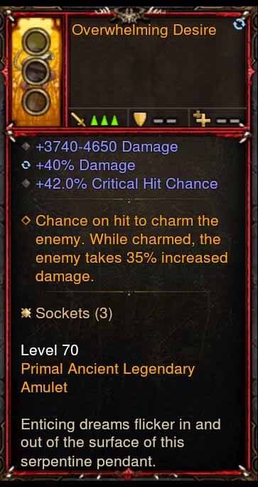 [Primal Ancient] [QUAD DPS] Overwhelming Desire Amulet 42% Crit Chance, + Damage Diablo 3 Mods ROS Seasonal and Non Seasonal Save Mod - Modded Items and Gear - Hacks - Cheats - Trainers for Playstation 4 - Playstation 5 - Nintendo Switch - Xbox One