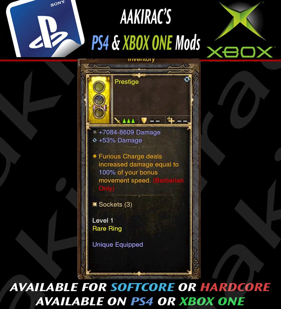 Furious Charge Damage Equal to Bonus Movement Speed Barbarian Modded Ring (Unsocketed) Prestige Diablo 3 Mods ROS Seasonal and Non Seasonal Save Mod - Modded Items and Gear - Hacks - Cheats - Trainers for Playstation 4 - Playstation 5 - Nintendo Switch - Xbox One