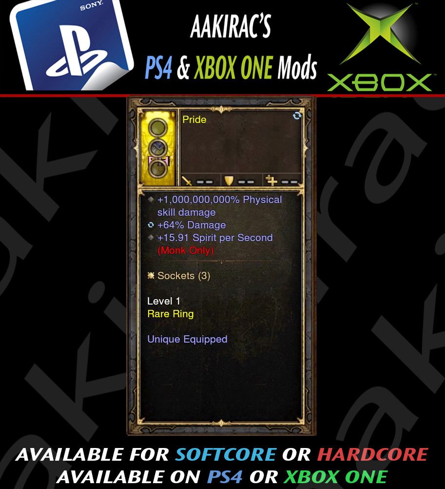 1000000000% Damage Modded Ring with 15.91 Spirit per Second Regen Pride Diablo 3 Mods ROS Seasonal and Non Seasonal Save Mod - Modded Items and Gear - Hacks - Cheats - Trainers for Playstation 4 - Playstation 5 - Nintendo Switch - Xbox One