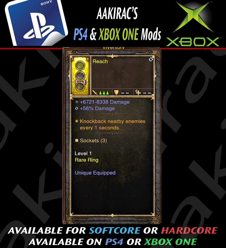 Knock Back Enemies every 1 Second Modded Ring (Unsocketed) Reach Diablo 3 Mods ROS Seasonal and Non Seasonal Save Mod - Modded Items and Gear - Hacks - Cheats - Trainers for Playstation 4 - Playstation 5 - Nintendo Switch - Xbox One