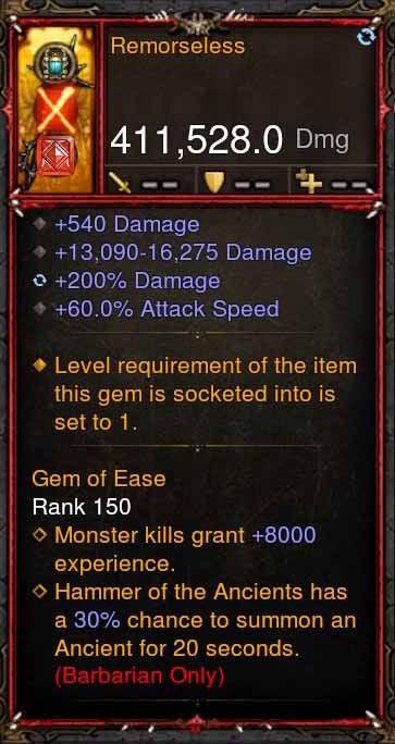 [Primal Ancient] 411k DPS Remorseless - Diablo 3 Mods Store - Seasonal and non-seasonal - Modded Items and Gear for PlayStation 4, PlayStation 5, Nintendo Switch, and Xbox One