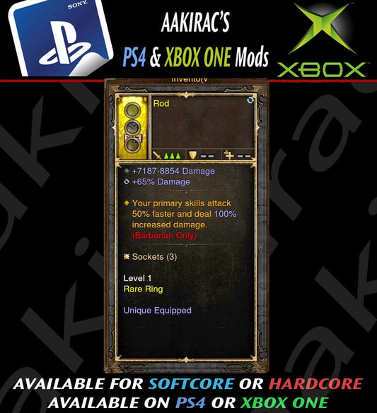 Primary Attacks 50% Faster and 100% More Damage Barbarian Modded Ring (Unsocketed) Rod Diablo 3 Mods ROS Seasonal and Non Seasonal Save Mod - Modded Items and Gear - Hacks - Cheats - Trainers for Playstation 4 - Playstation 5 - Nintendo Switch - Xbox One