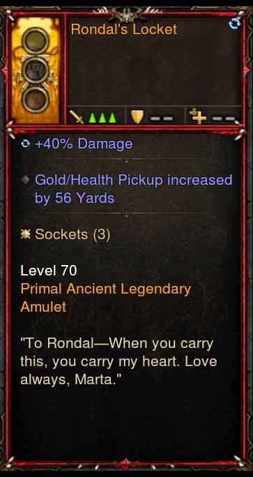 [Primal Ancient] [QUAD DPS] Rondal's Locket Amulet With 56 Pickup Radius Diablo 3 Mods ROS Seasonal and Non Seasonal Save Mod - Modded Items and Gear - Hacks - Cheats - Trainers for Playstation 4 - Playstation 5 - Nintendo Switch - Xbox One