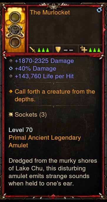 [Primal Ancient] [QUAD DPS] The Murlocket Amulet (Pet Spawn) 40% Damage, 143k Life Per Hit Diablo 3 Mods ROS Seasonal and Non Seasonal Save Mod - Modded Items and Gear - Hacks - Cheats - Trainers for Playstation 4 - Playstation 5 - Nintendo Switch - Xbox One