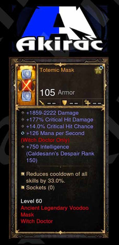 Totemic Mask 1.8k-2.2k Damage, 177% chd, 14% cc, 126 MPS Modded Helm Witch Doctor-Diablo 3 Mods - Playstation 4, Xbox One, Nintendo Switch