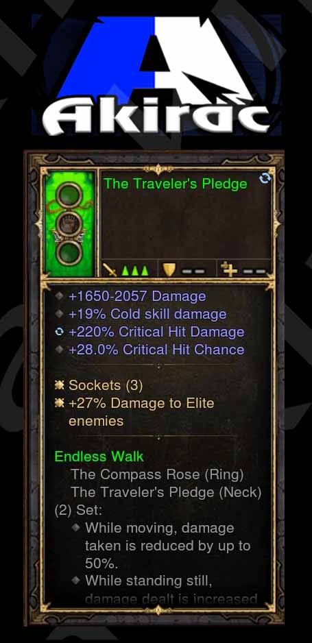 Traveler's Pledge 27% Elite Damage, 220% CHD, 28% CC, 19% Cold Damage (Unsocketed) Modded Amulet - Diablo 3 Mods Store - Seasonal and non-seasonal - Modded Items and Gear for PlayStation 4, PlayStation 5, Nintendo Switch, and Xbox One