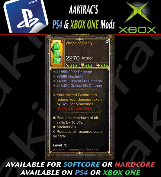 Ps4 Diablo 3 Mods Xbox One - Wraps of Clarity Demon Hunter Modded Bracer Diablo 3 Mods ROS Seasonal and Non Seasonal Save Mod - Modded Items and Gear - Hacks - Cheats - Trainers for Playstation 4 - Playstation 5 - Nintendo Switch - Xbox One